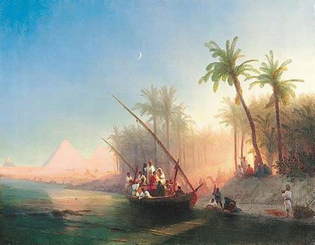 Boat on the Nile with Pyramids of Gizeh 73-92 1872.jpg